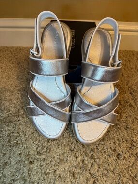 Cole Haan Silver and White Strappy Wedge Sandals